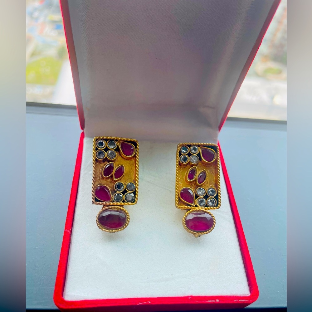 Gold platted semi precious ruby and Zarcon earrings